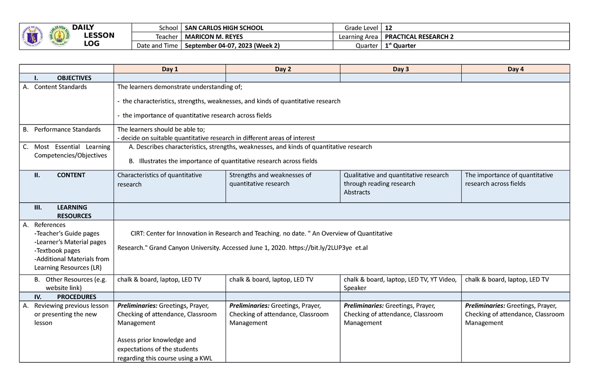 DLL PR2 - Daily lesson log in Practical Research 2 - Corporate Law ...