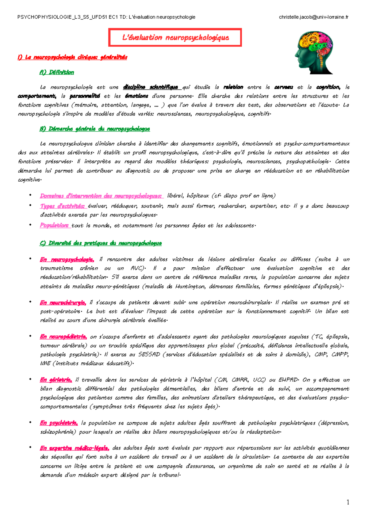 Neuropsychologie Td Jacob Psychophysiologie L3 S5 Ufd51 Ec1 Td Valuation Neuropsychologie Christelle Jacob Univ Lorraine Fr Valuation Neuropsychologique La Studocu