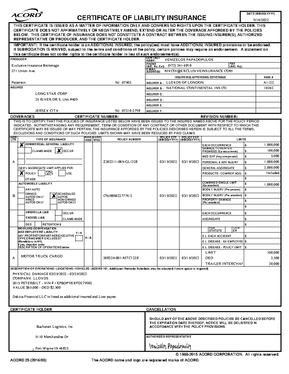 Buchanan Logistics Inc 10218439 - Should Any Of The Above Described 