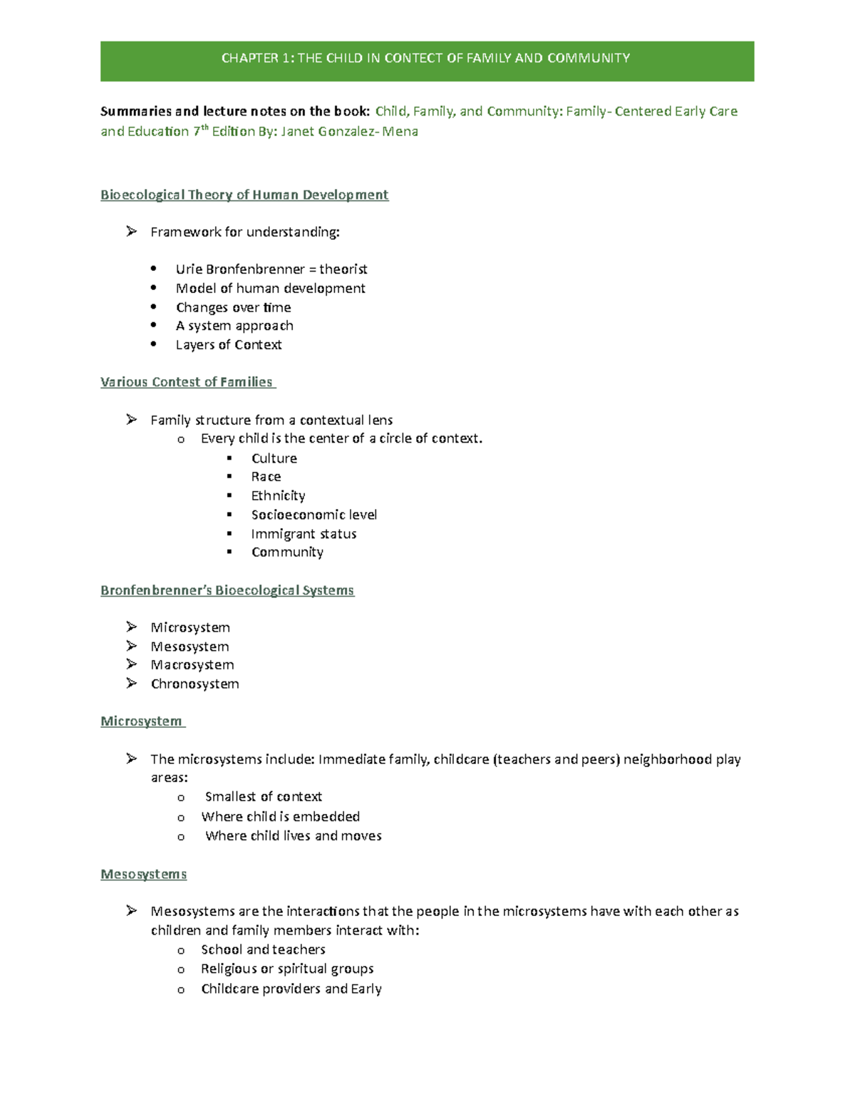 Chapter 1 The Child in Contect o F Family and Community Summaries and