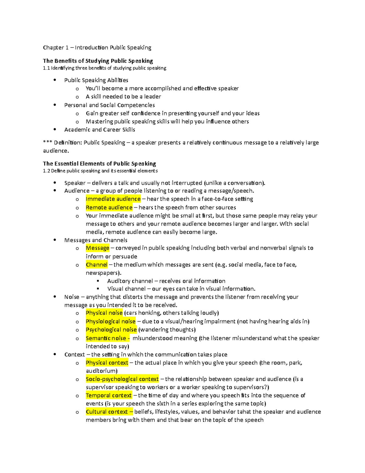 Lecture notes week 1 - Chapter 1 – Introduction Public Speaking The ...