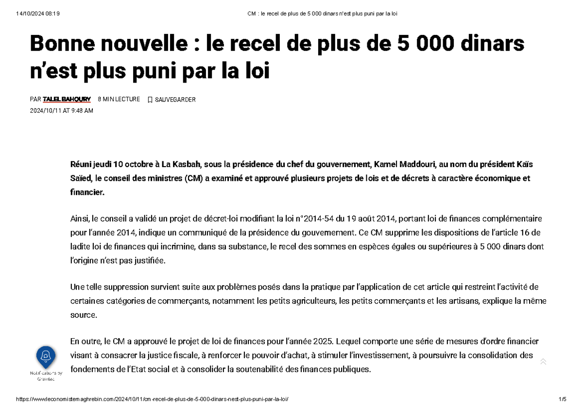 CM le recel de plus de 5 000 dinars n'est plus puni par la loi - Réuni