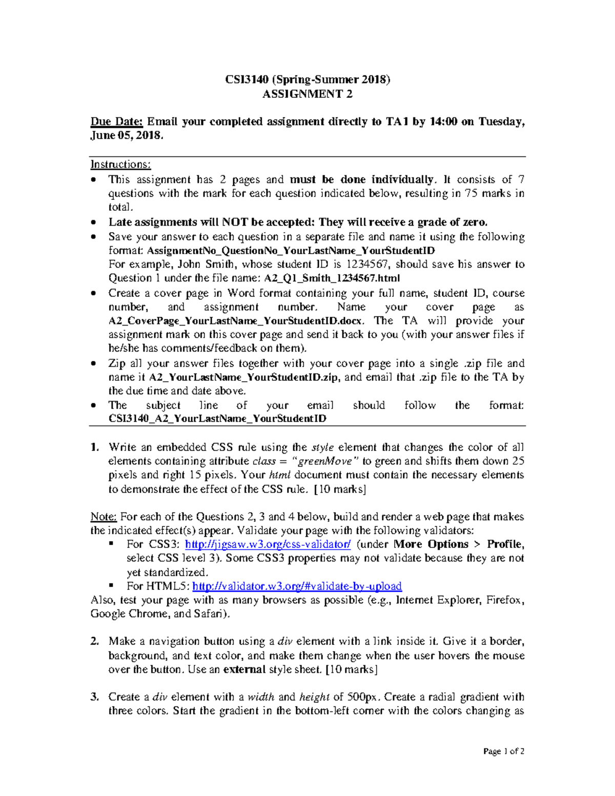 CSI3140 A2 - Page 1 of 2 CSI3140 (Spring-Summer 2018) ASSIGNMENT 2 Due ...