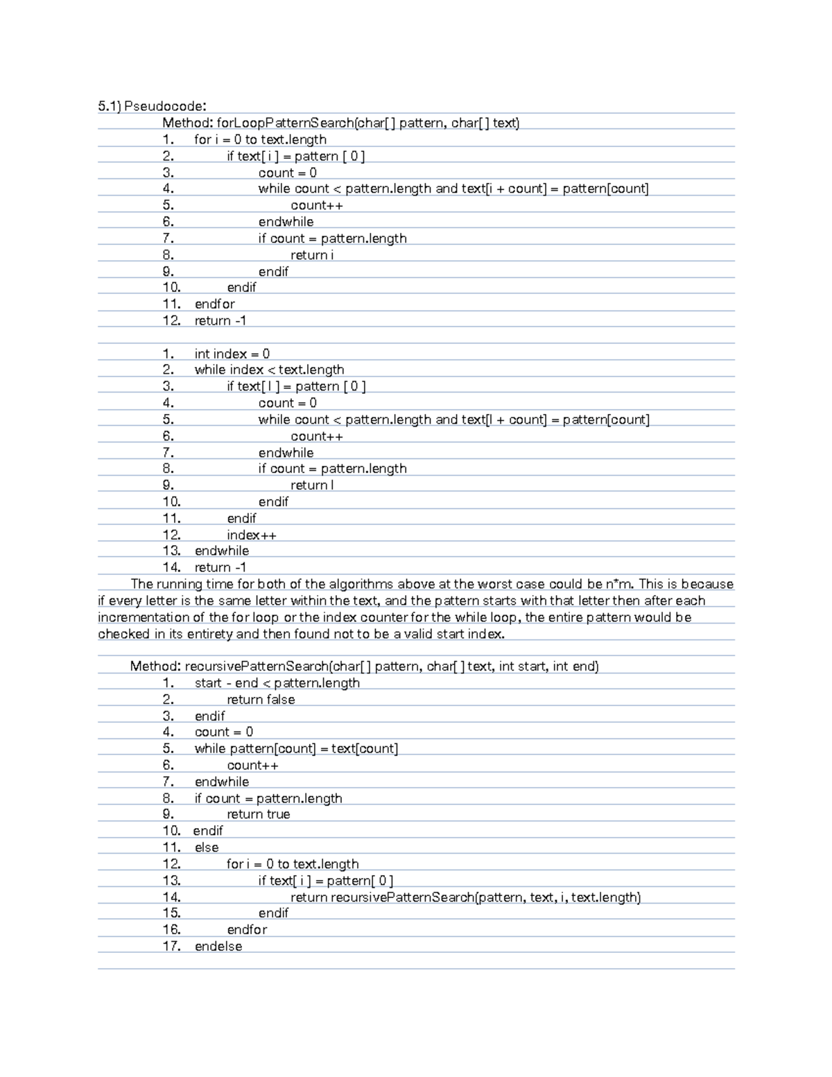 Module 5 - Pseudocode: Method: forLoopPatternSearch(char[ ] pattern ...