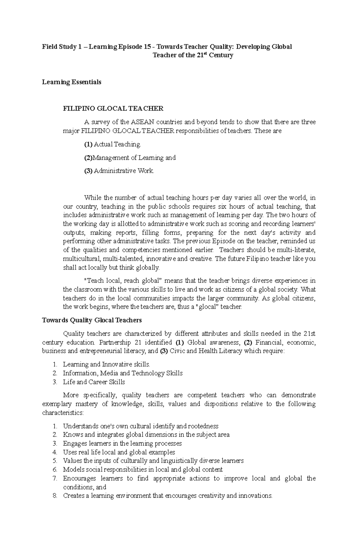 LE 15 Done Lecture Notes 1 2 3 Field Study 1 Learning Episode 15 Towards Teacher 