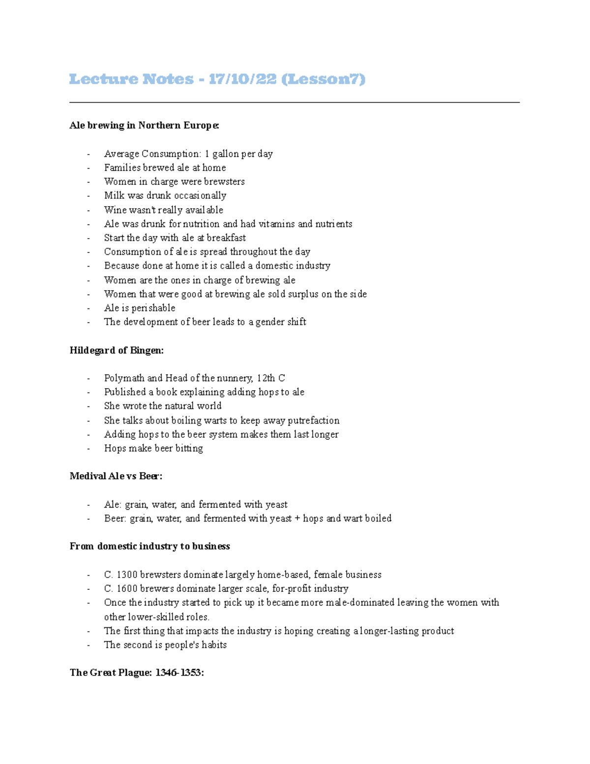 Lecture Notes - Ale Brewing (Lesson 7) - Lecture Notes - 17/10/22 ...