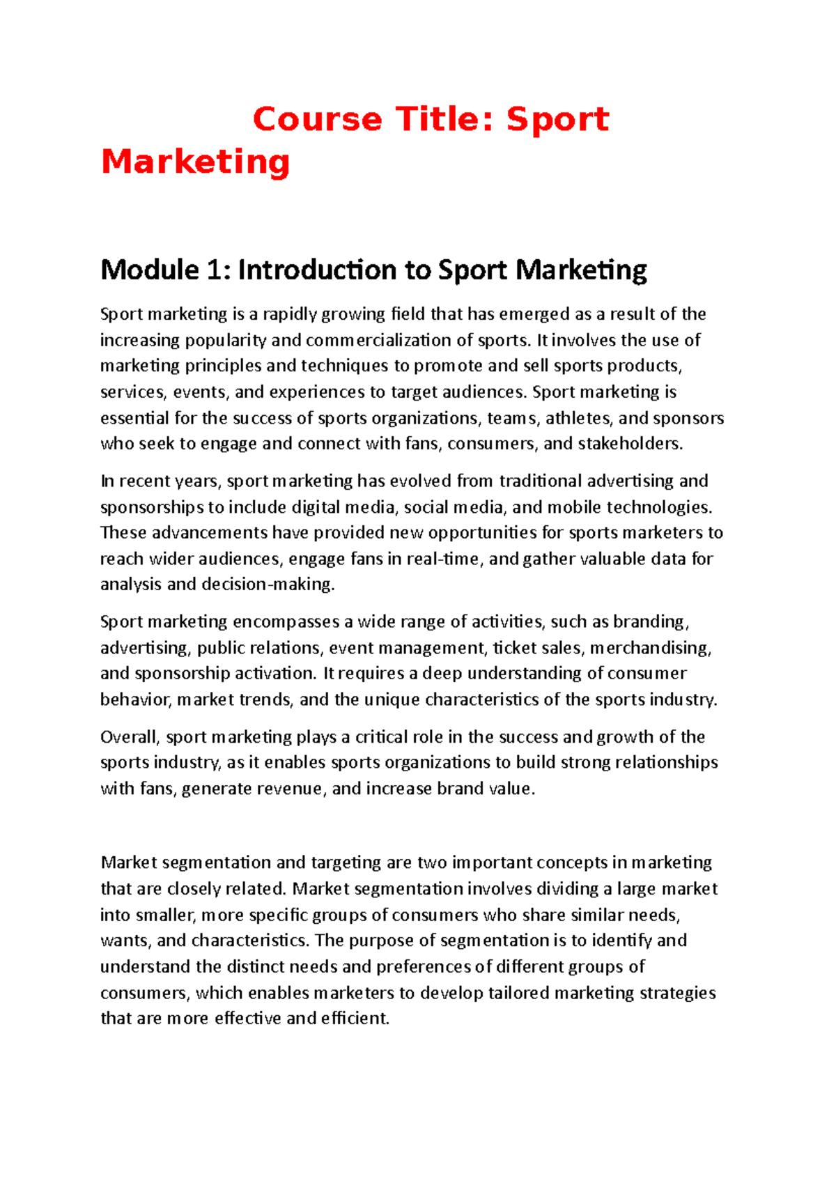 Sport Marketing2 MRK6018 Course Title Sport Marketing Module 1