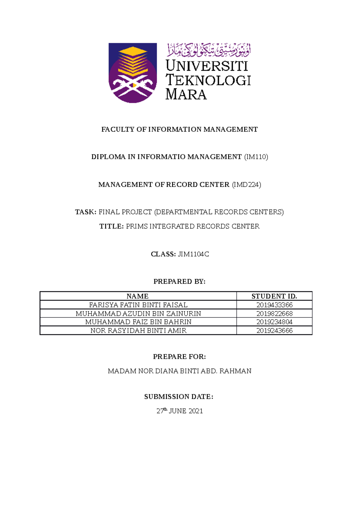 Final Project Imd224 Faculty Of Information Management Diploma In
