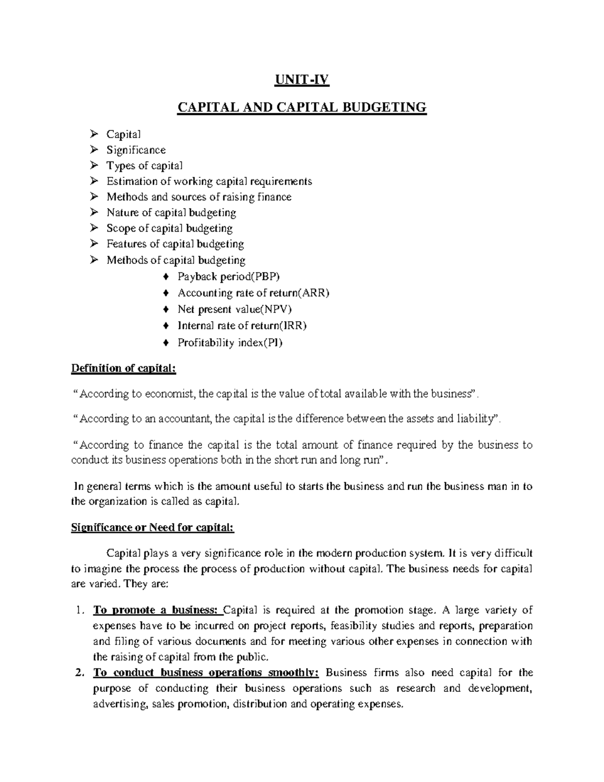 UNIT-IV - unit 5 business budgeting - UNIT-IV CAPITAL AND CAPITAL ...