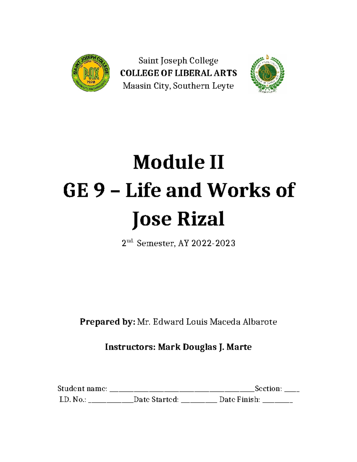 GE9-Module-2- Rizals-LIFE-AND-WORK - Saint Joseph College COLLEGE OF ...