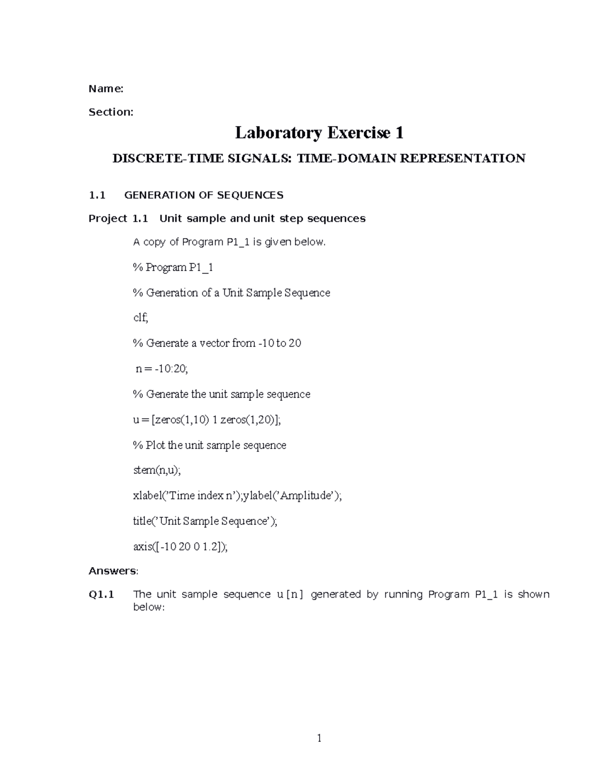 Labex 1 - 123123 - Name: Section: Laboratory Exercise 1 DISCRETE-TIME ...