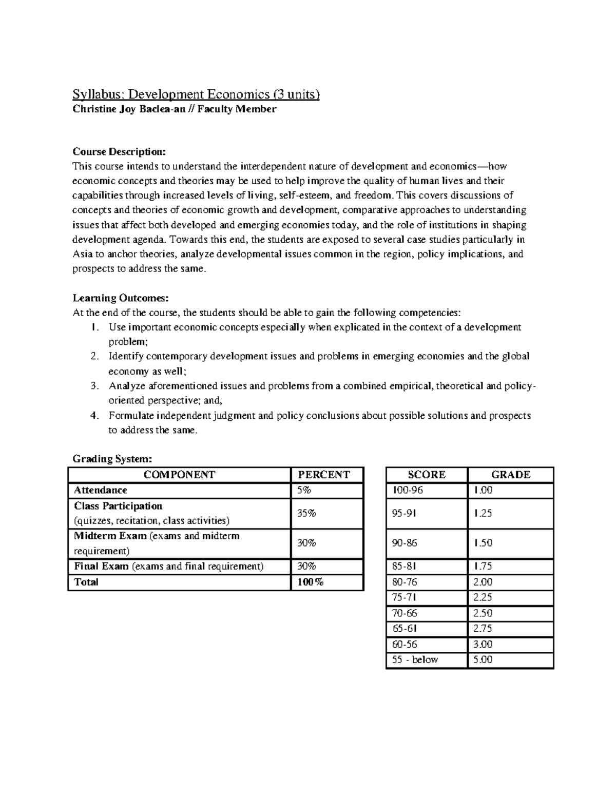 Economic Development Syllabus - Syllabus: Development Economics (3 ...