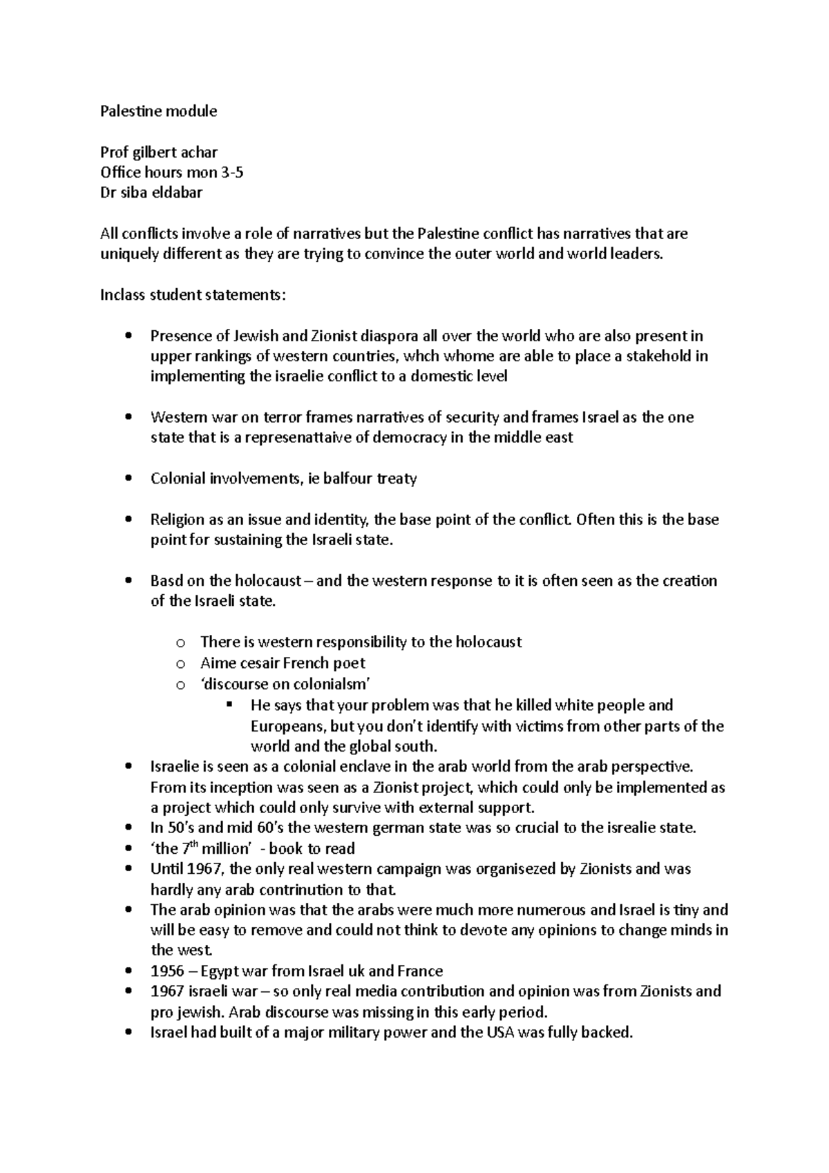 Palestine module - Lecture notes all - Palestine module Prof gilbert ...