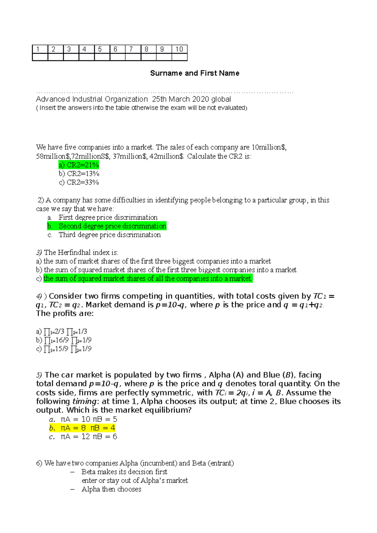 Advanced industrial organization global examen 1 2 3 4 5 6 7 8 9 10