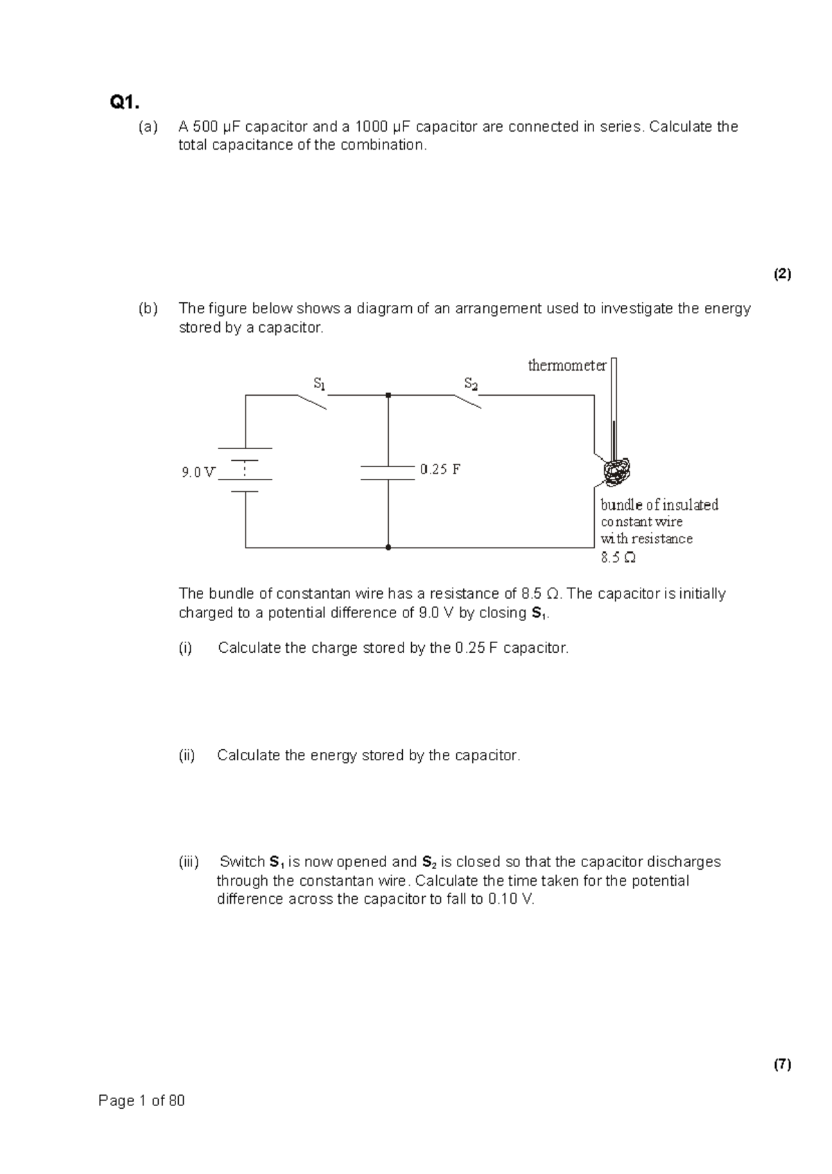 Thermal physics questions - Q1. (a) A 500 μF capacitor and a 1000 μF ...