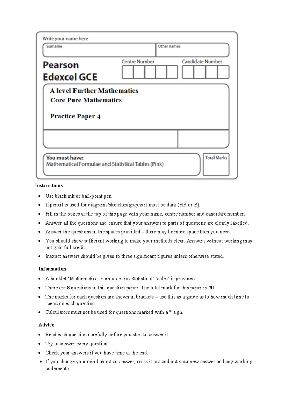 Practice Paper 4 - for students - Instructions Use black ink or ball ...