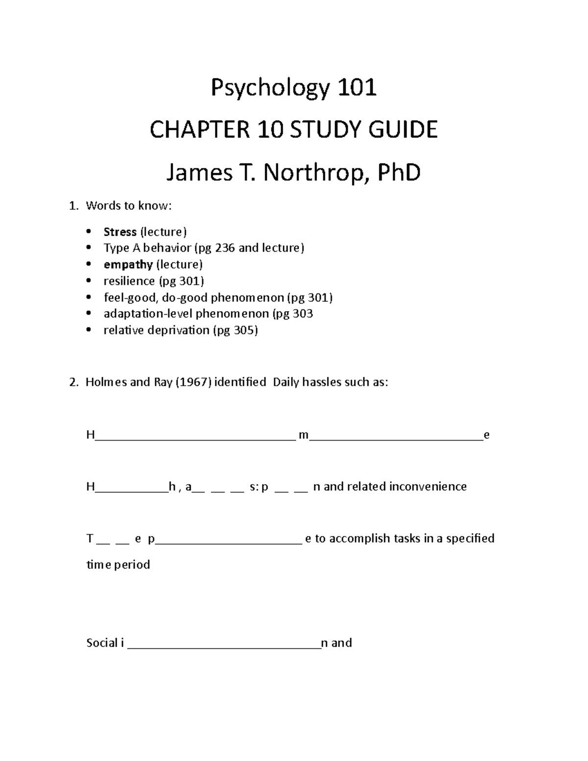 Chapter 10 Study Guide Sp16 - Psychology 101 CHAPTER 10 STUDY GUIDE ...