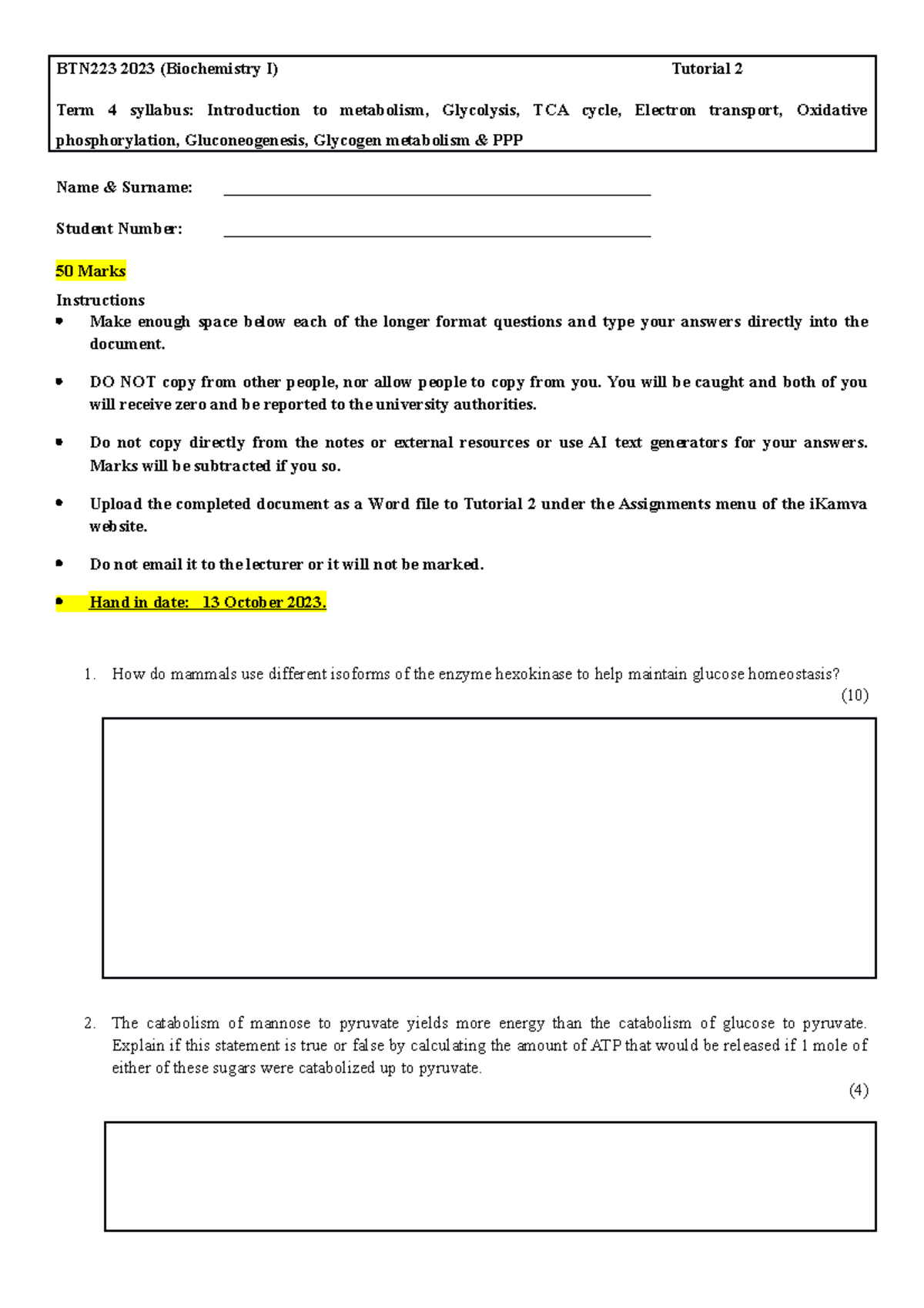 BTN223 2023 Tutorial 2 - TUTORIA 3 - BTN223 2023 (Biochemistry I ...