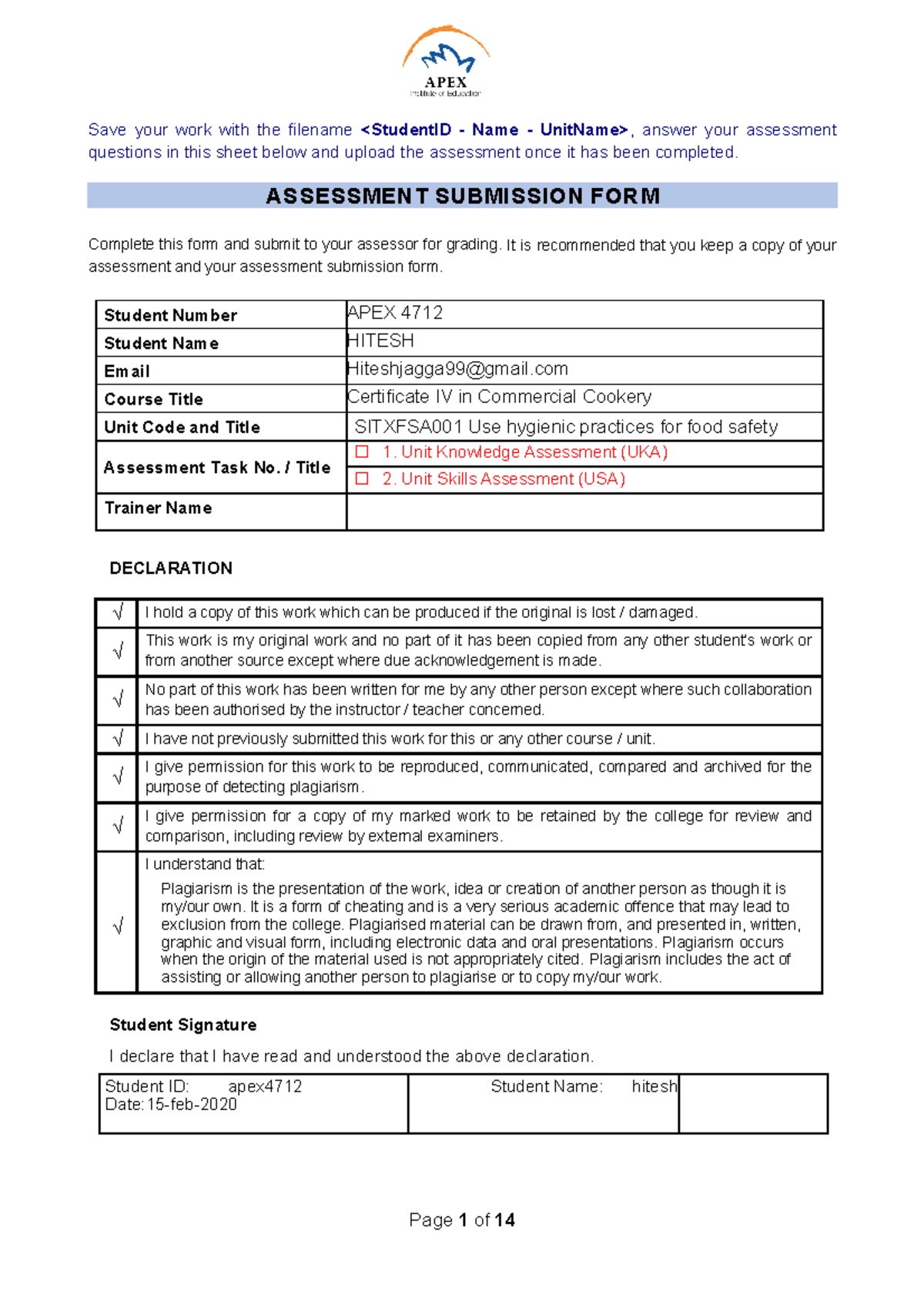 sitxfsa001-use-hygienic-practices-for-food-safety-learner-assessment