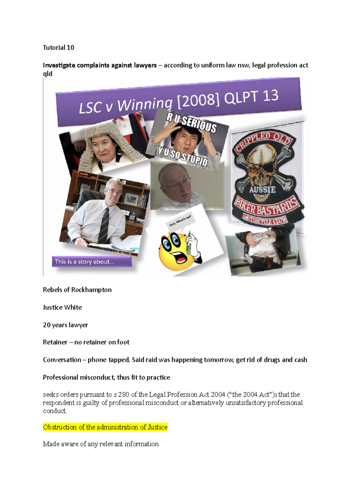 Tutorial 10 Tutorial 10 Investigate complaints against lawyers