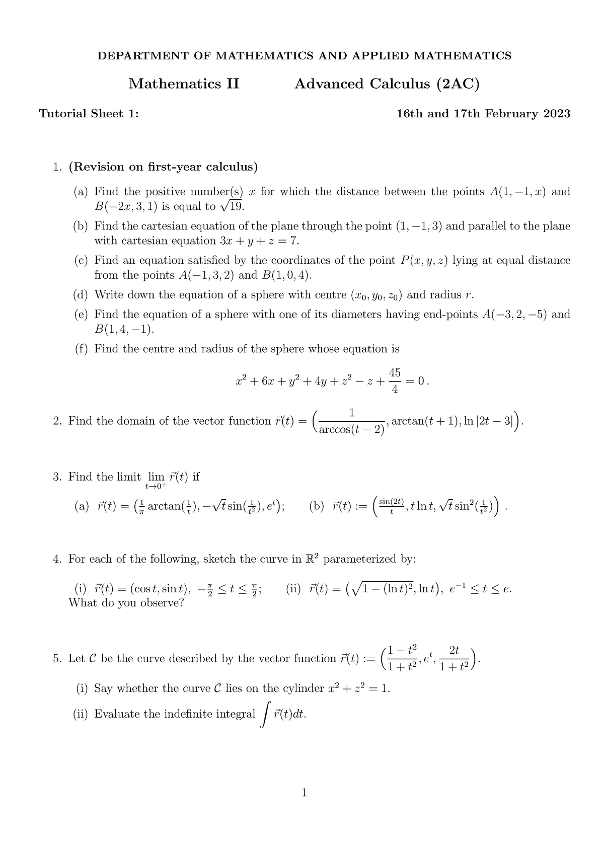 TUT2023-01 - Advanced Calculus (2AC) Tutorial Sheet 1 - DEPARTMENT OF ...