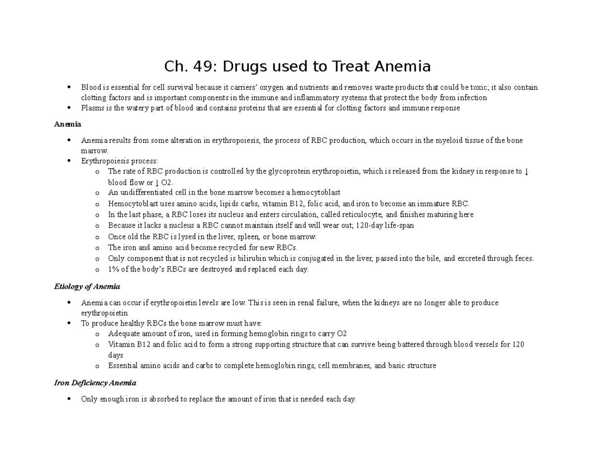 Ch. 49- Anemia Drugs - Ch. 49: Drugs used to Treat Anemia Blood is ...