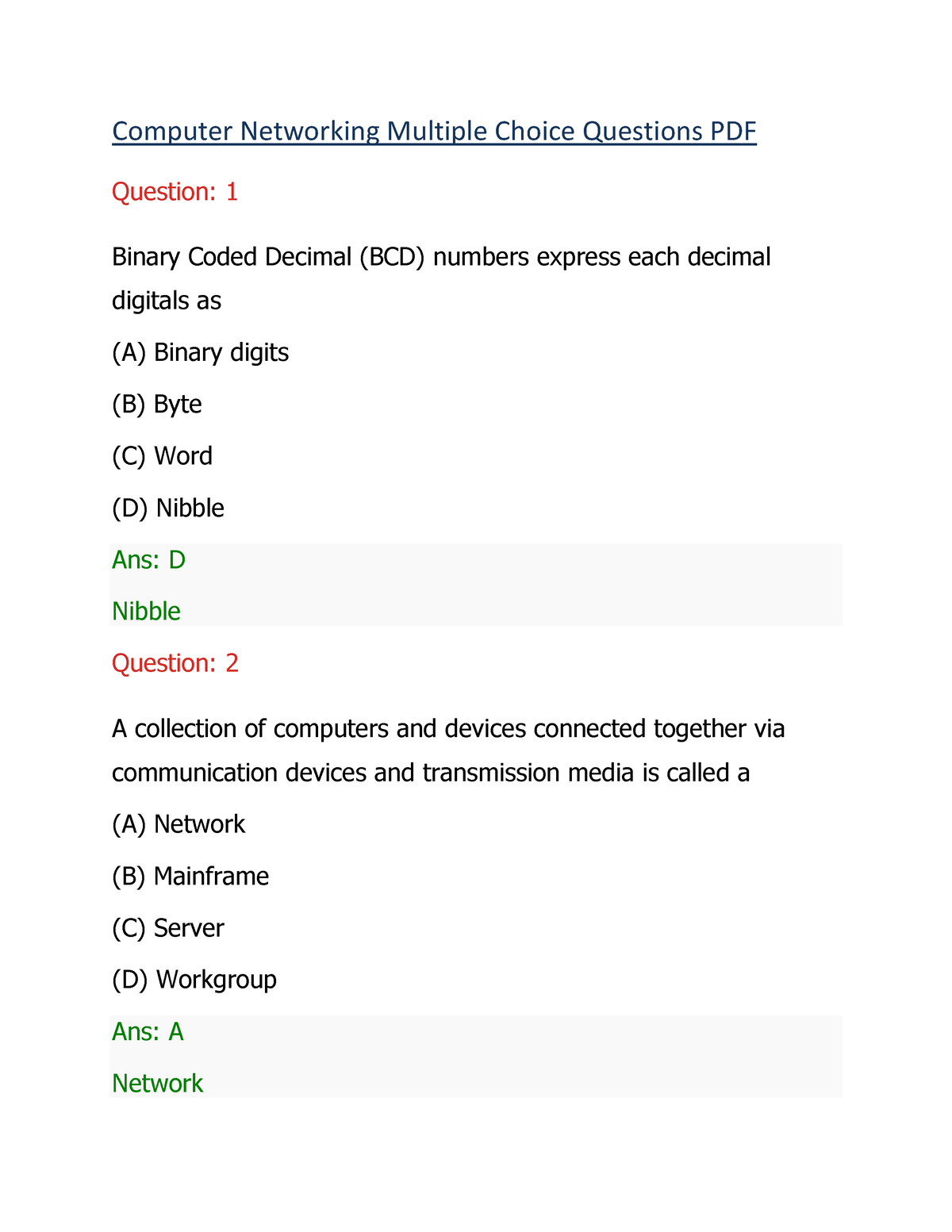 Computer networking multiple choice questions answers Computer