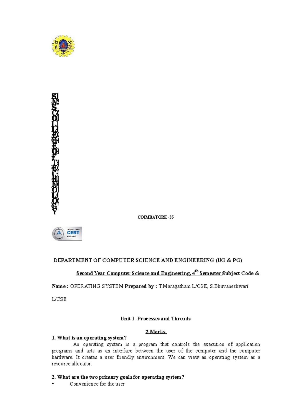 OS Notes COIMBATORE DEPARTMENT OF COMPUTER SCIENCE AND ENGINEERING UG PG Second Year 