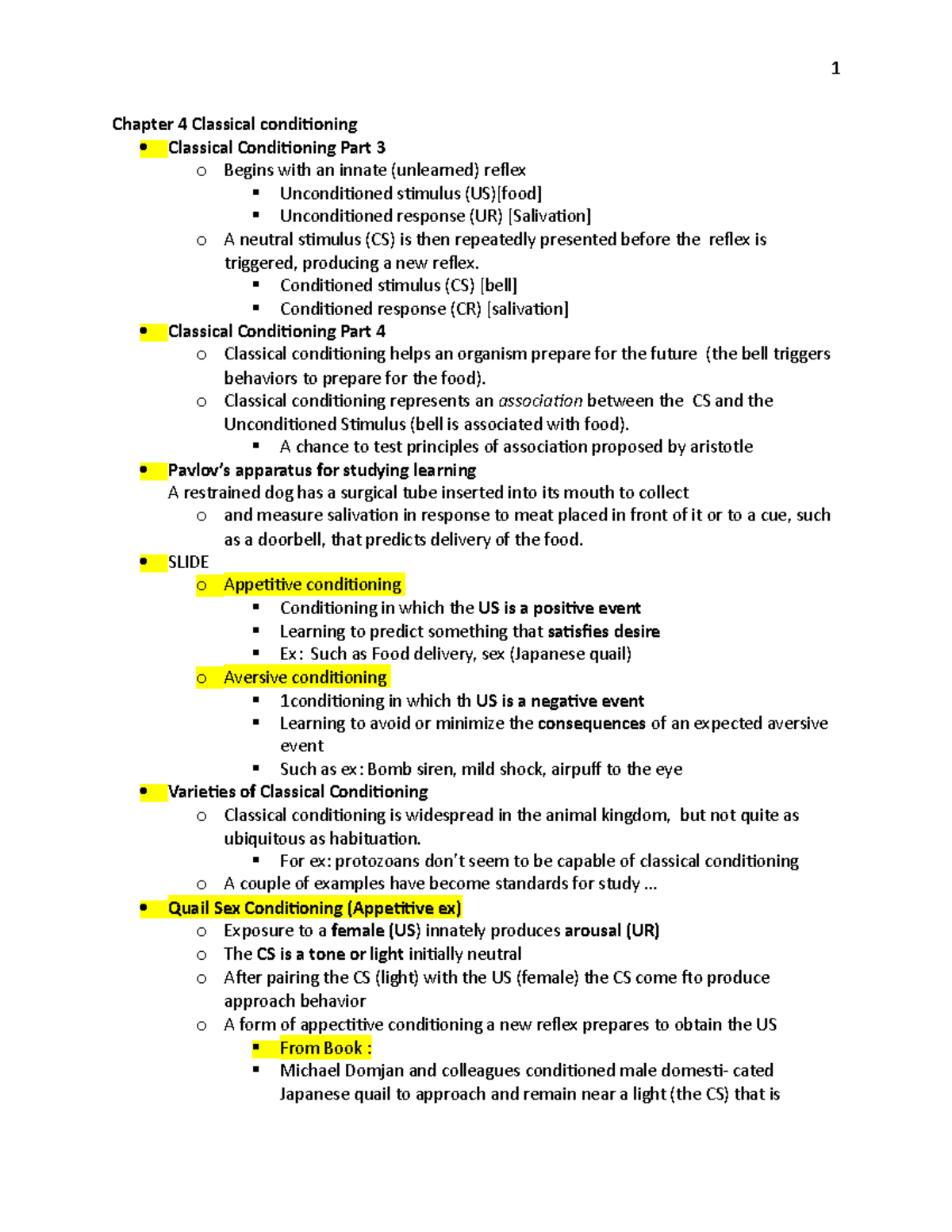 362 Notes for test 2 - 1 Chapter 4 Classical conditioning Classical ...