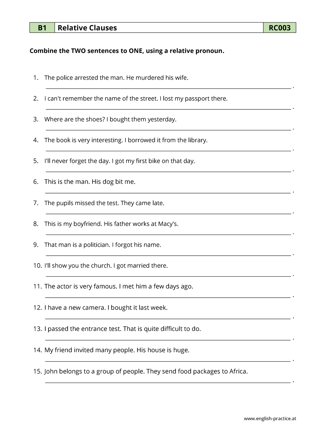 Relative Clauses - PDF Grammar Worksheet - B1 - RC003 - english ...