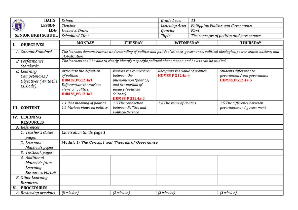 DLP PPG Q1 W1 - Detailed Lesson Plan - DAILY LESSON LOG SENIOR HIGH ...