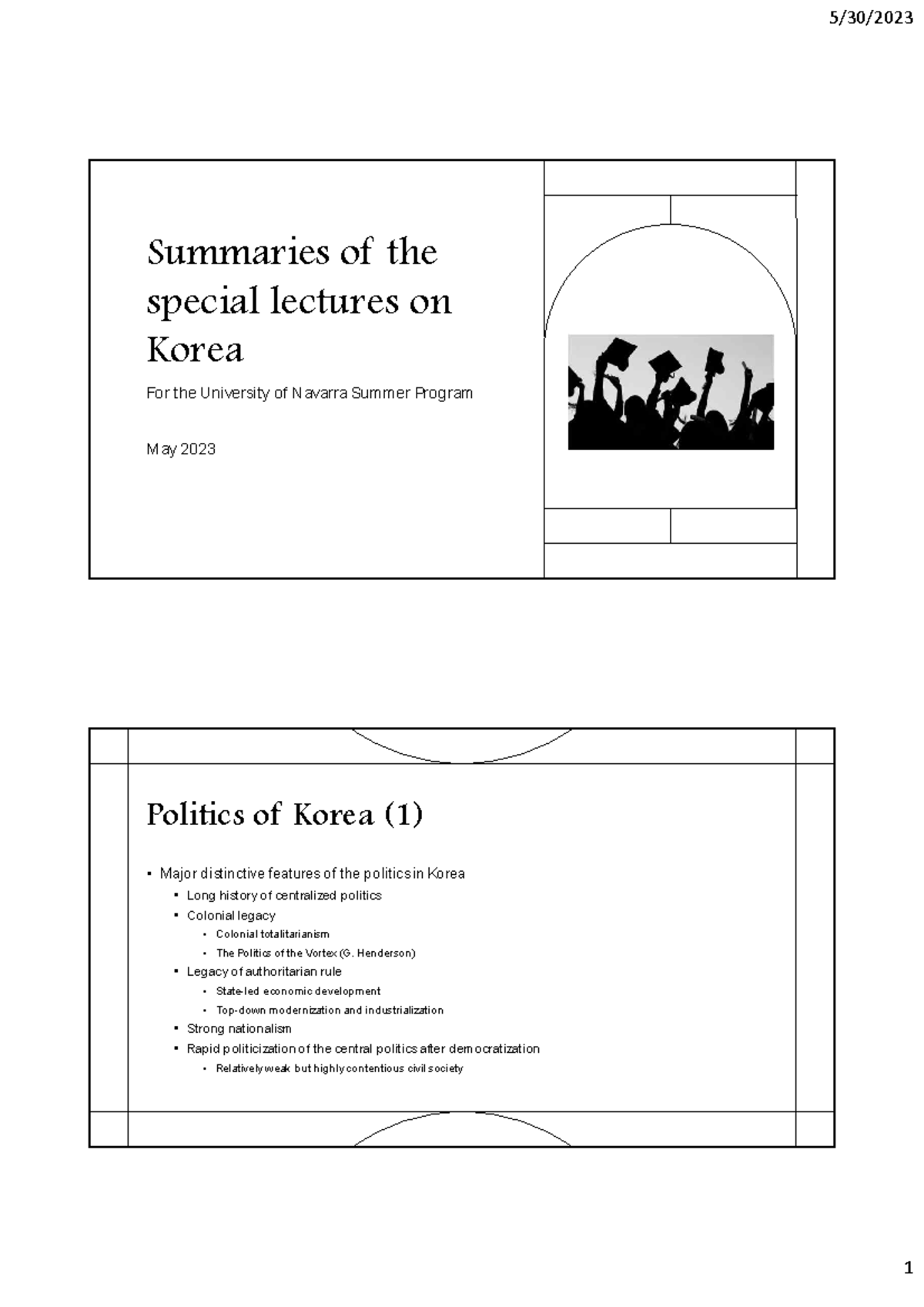 Summary of the Special Lectures of Korea Summaries of the special