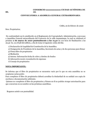 Modelo citacion asamblea - CONSORCIO xxxxxxxxxxxxxx CIUDAD AUTÓNOMA DE BS.  AS. CONVOCATORIA A - Studocu