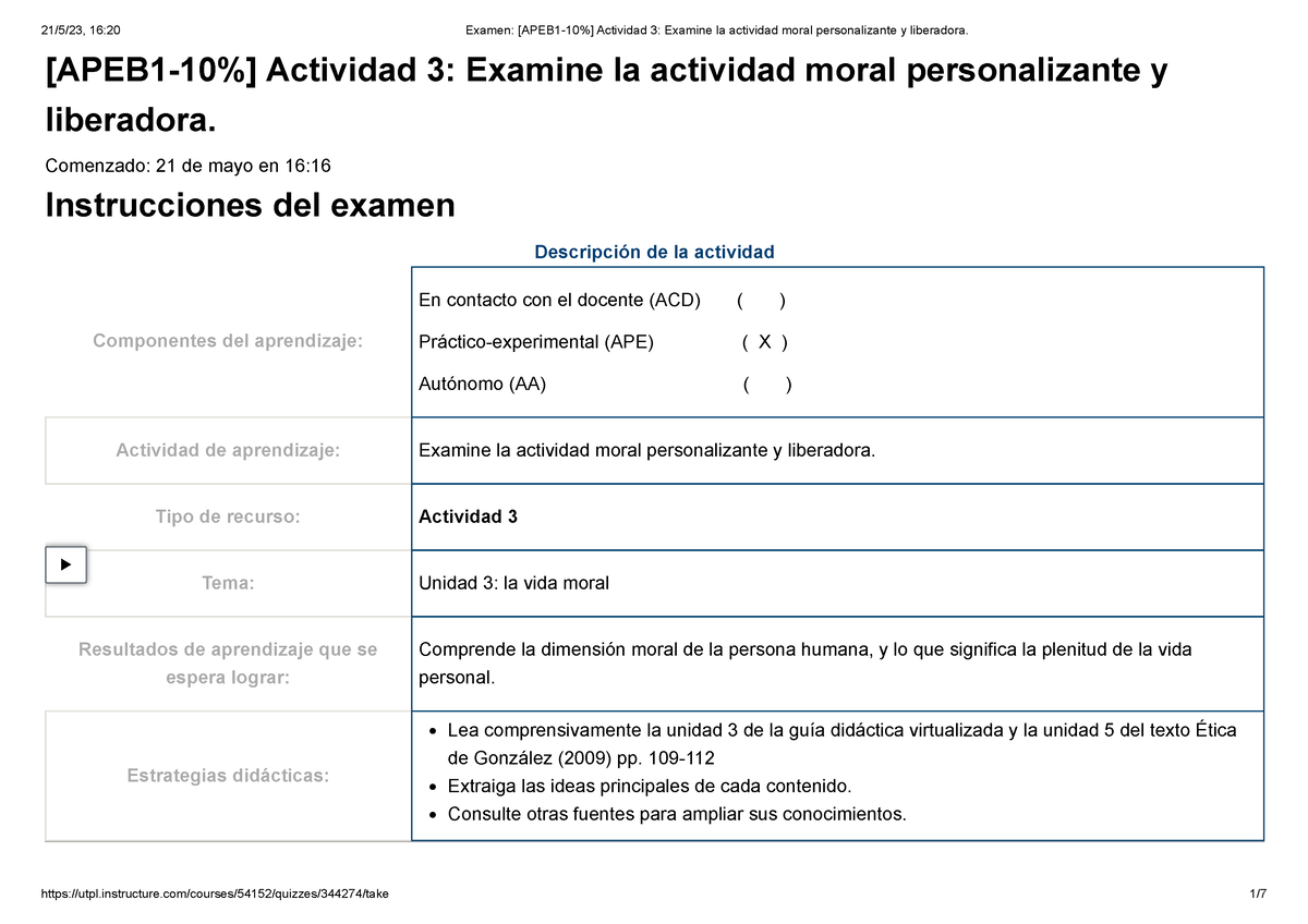 Examen [APEB 1-10%] Actividad 3 Examine La Actividad Moral ...