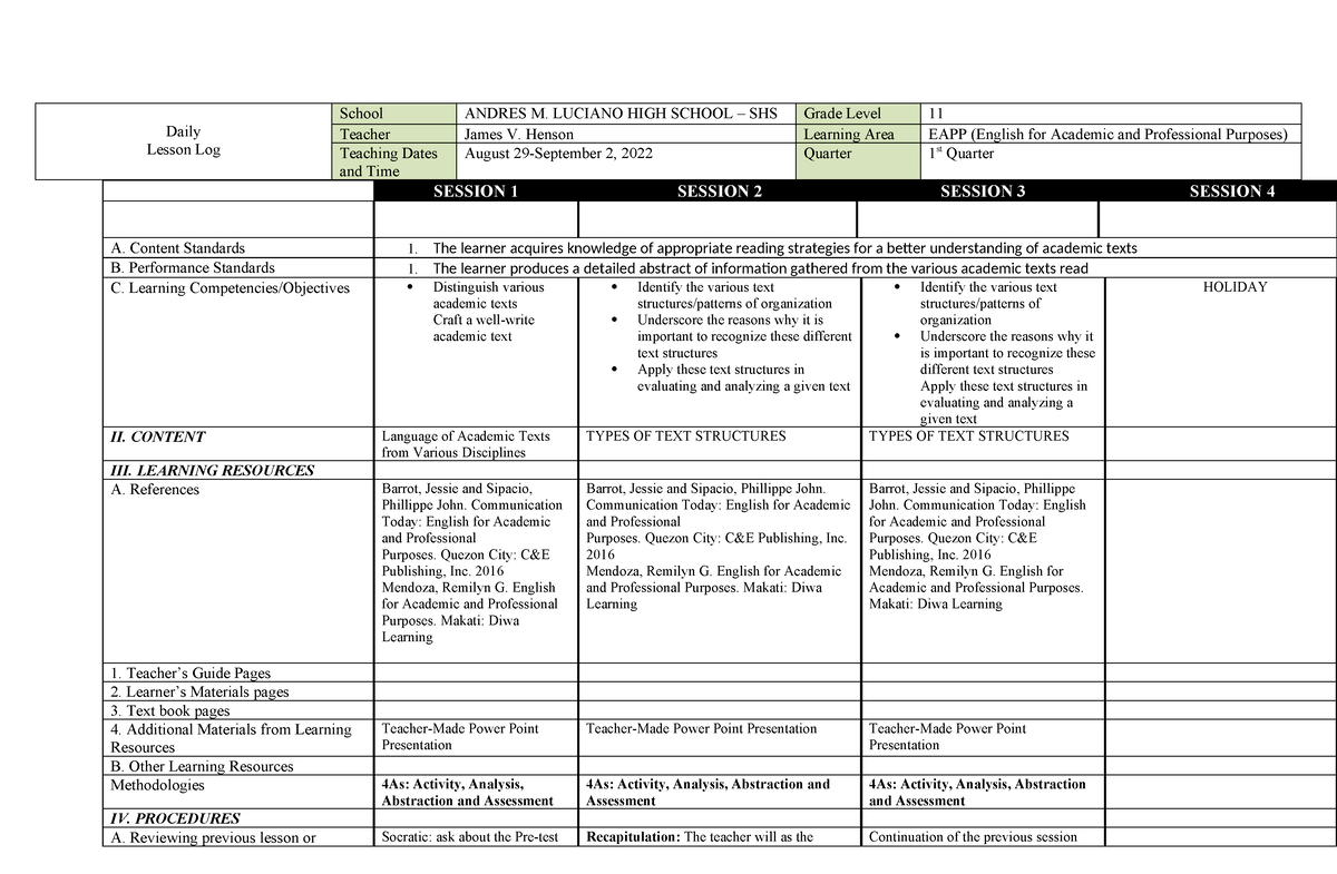 DLL EAPP September 4 8 2023 - Daily Lesson Log School ANDRES M. LUCIANO ...