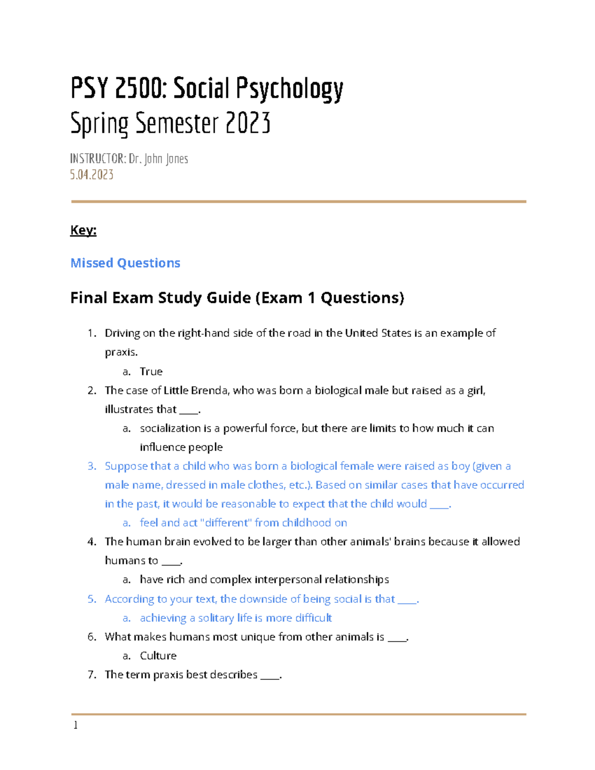 Final Exam Study Guide - Professor: John Jones - PSY 2500: Social ...