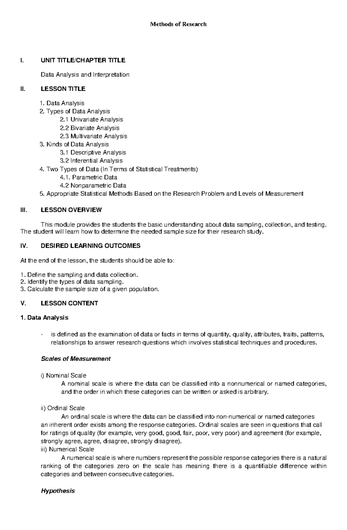 Introduction to Research Methods - I. UNIT TITLE/CHAPTER TITLE Data ...