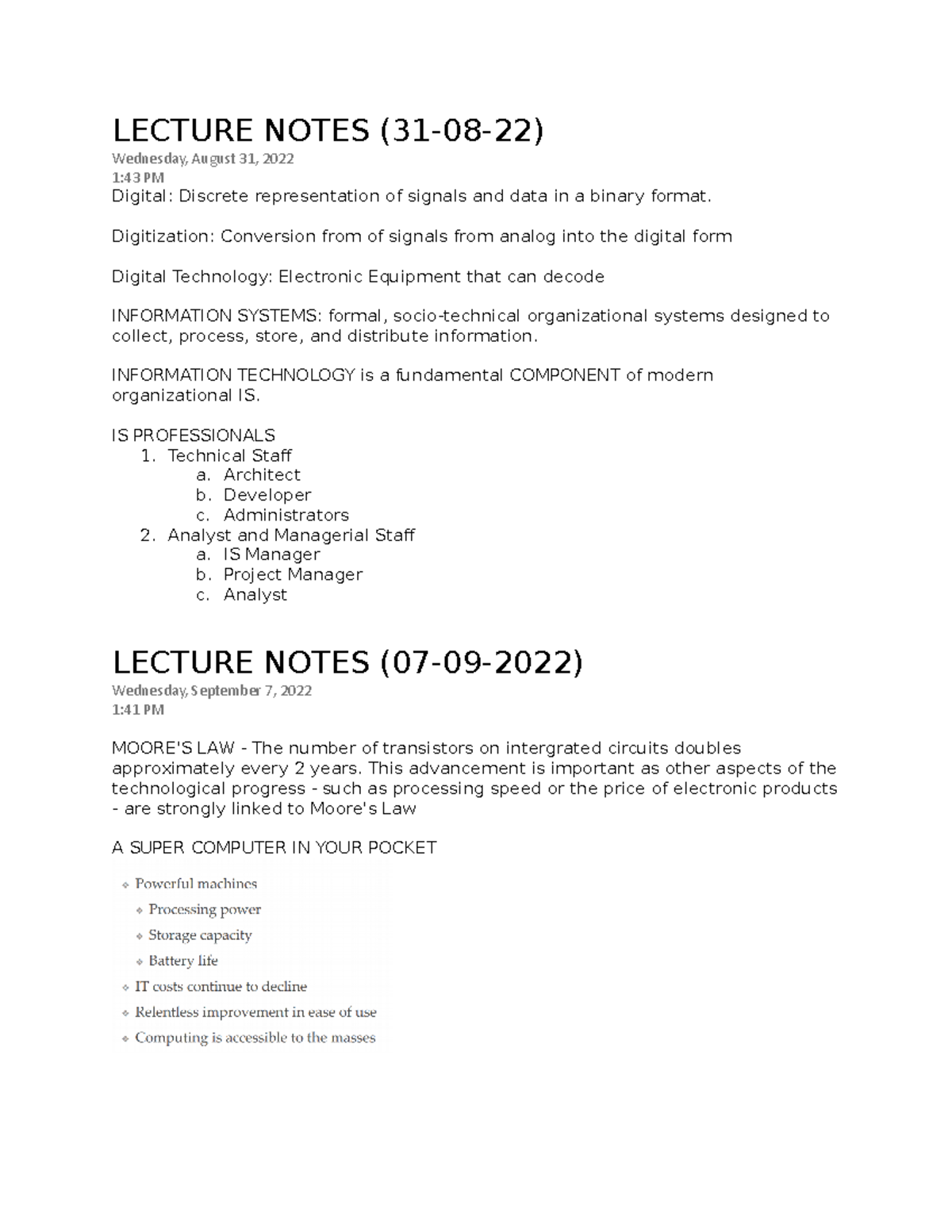 Intro TO IS - lecture notes - LECTURE NOTES (31-08-22) Wednesday ...