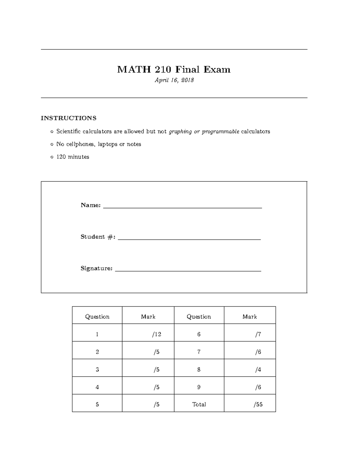 Final 1 December 2017, questions and answers - MATH 210 Final Exam ...