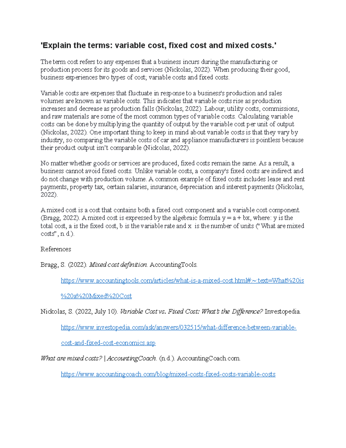 Module Discussion 4 assignment 'Explain the terms variable cost