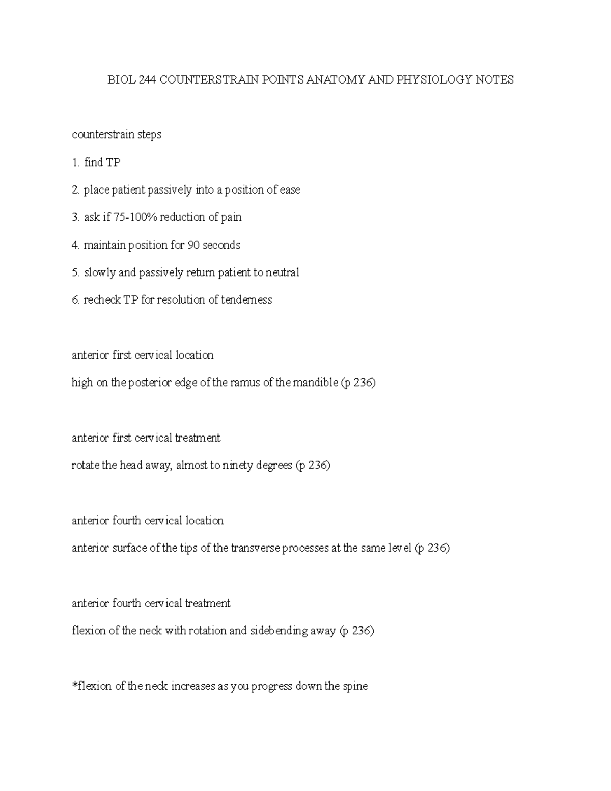 BIOL 244 Counterstrain Points Anatomy AND Physiology Notes - BIOL 244