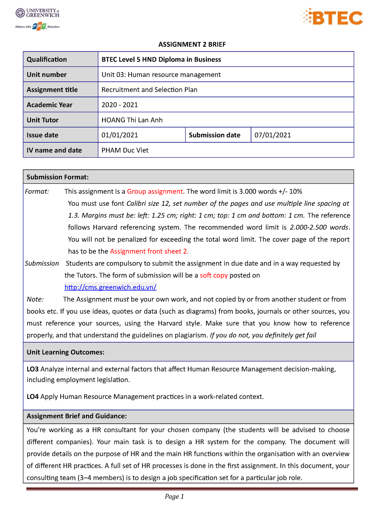 initial assignment brief