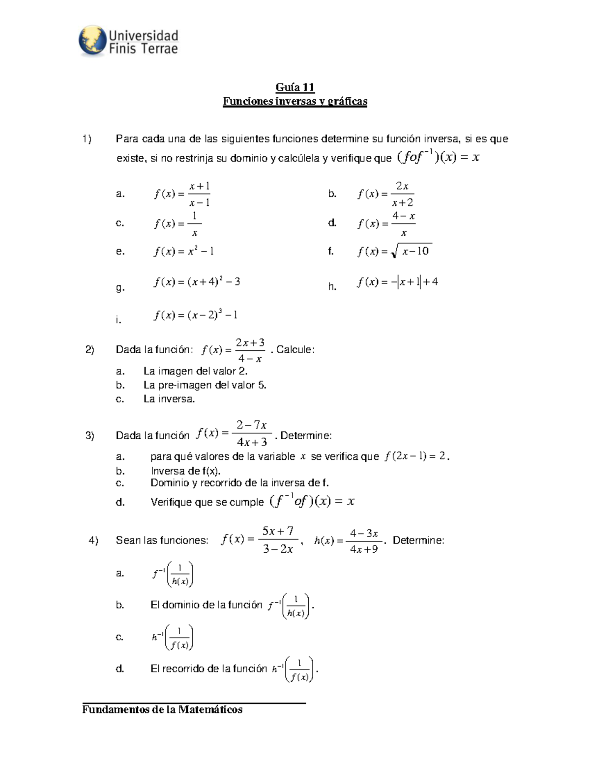 Guia 11 Funciones Y Gráficas Inversas Fundamentos De La Matemáticos Guía 11 Funciones Inversas