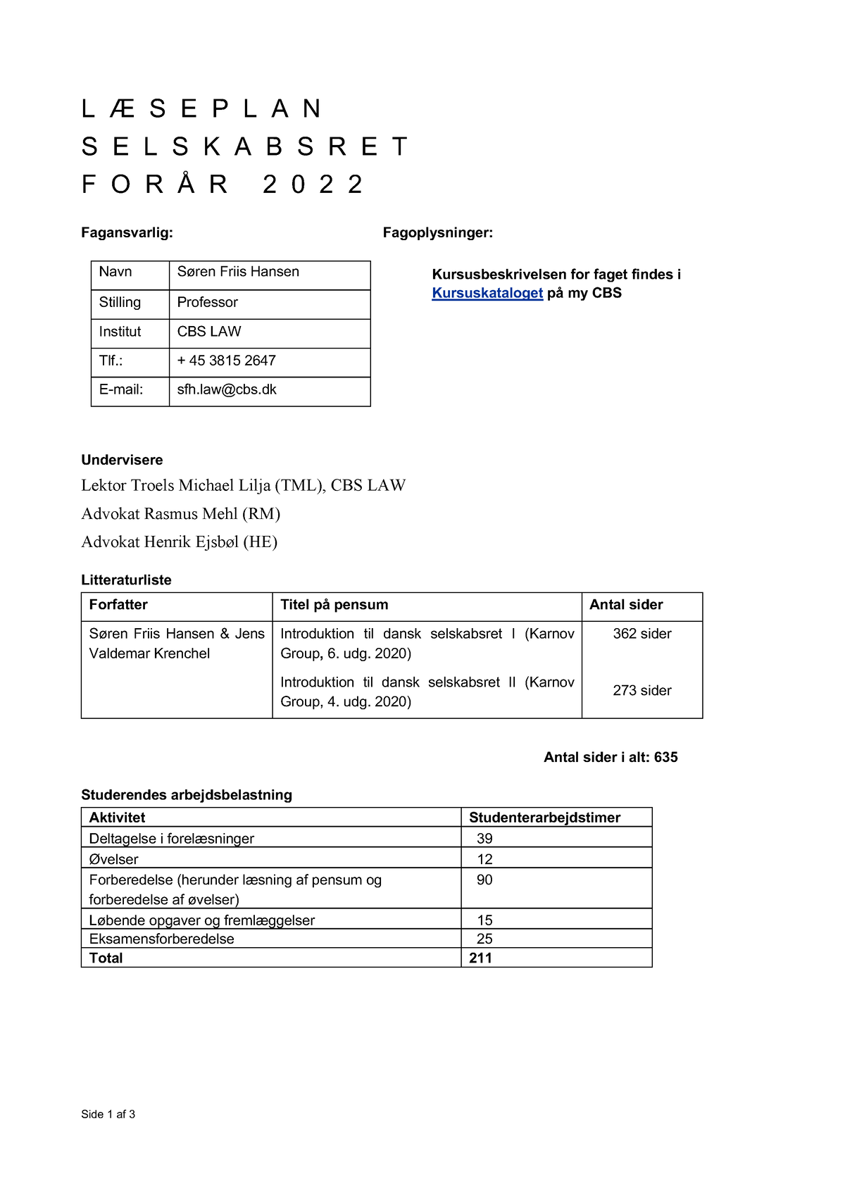 Hajur.Selskabsret - Lektionsplan - L ÆSEPLAN SELSKABSRET FORÅR 202 2 ...