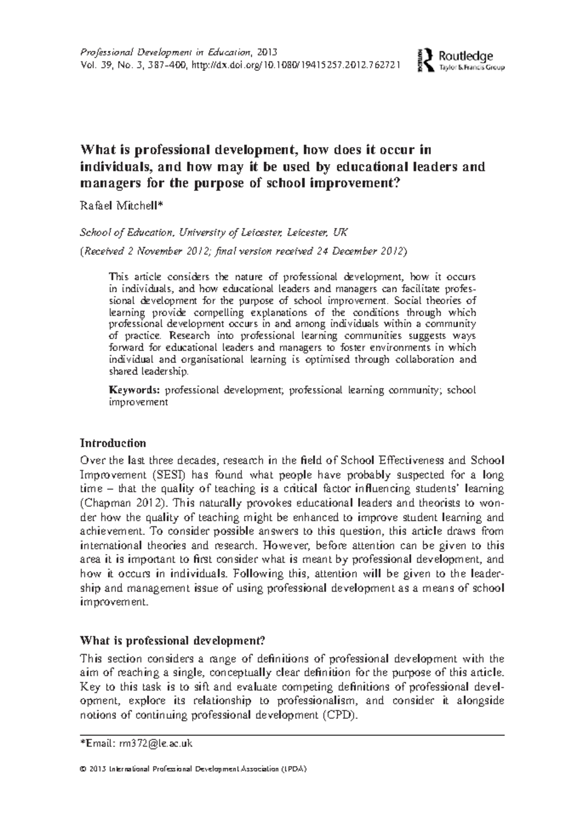 What is professional development, how does it occur in individuals, and ...