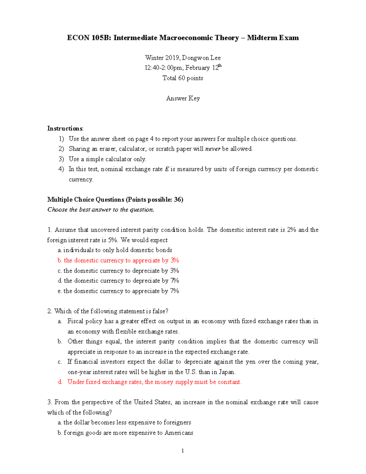 Midterm Exam Solutions - ECON 105B: Intermediate Macroeconomic Theory ...