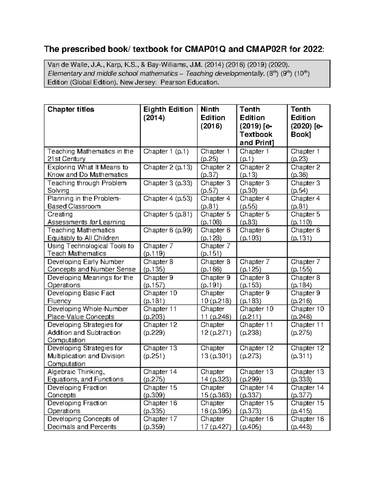 CMAP01Q 02R prescribed book chapters including tenth edition - The ...