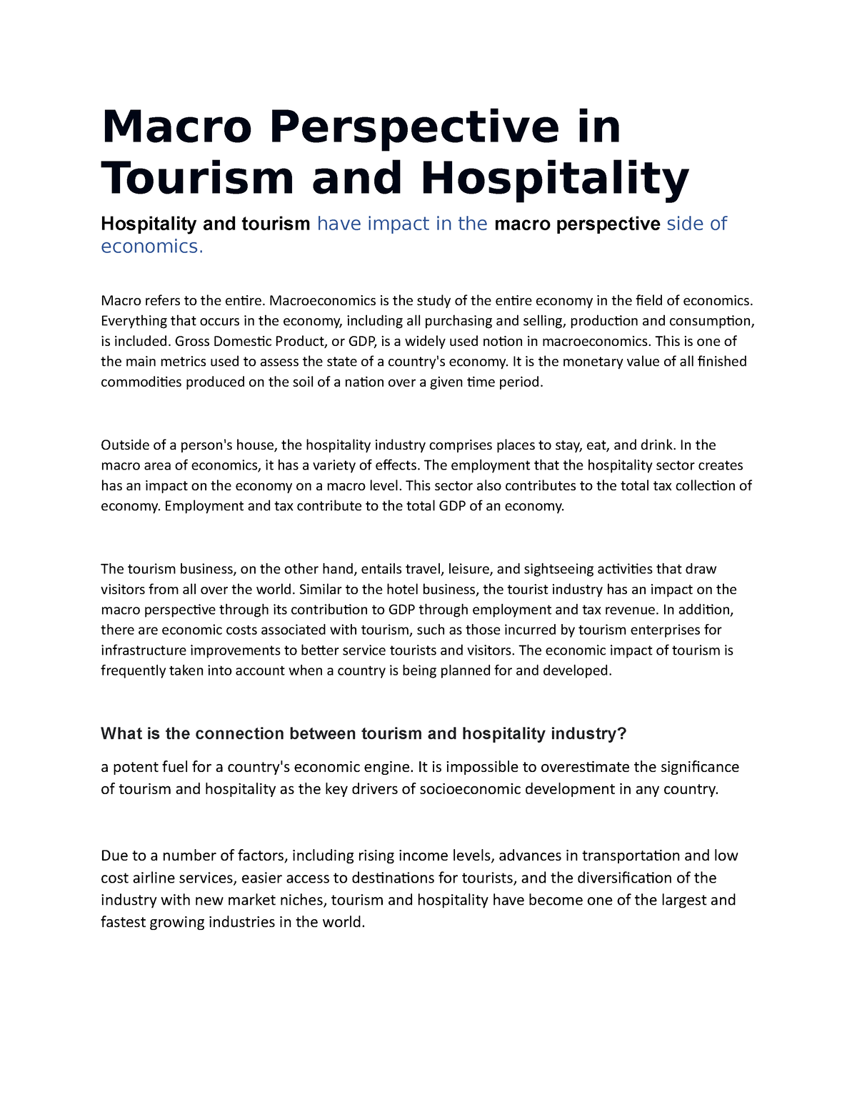 essay about macro perspective of tourism and hospitality