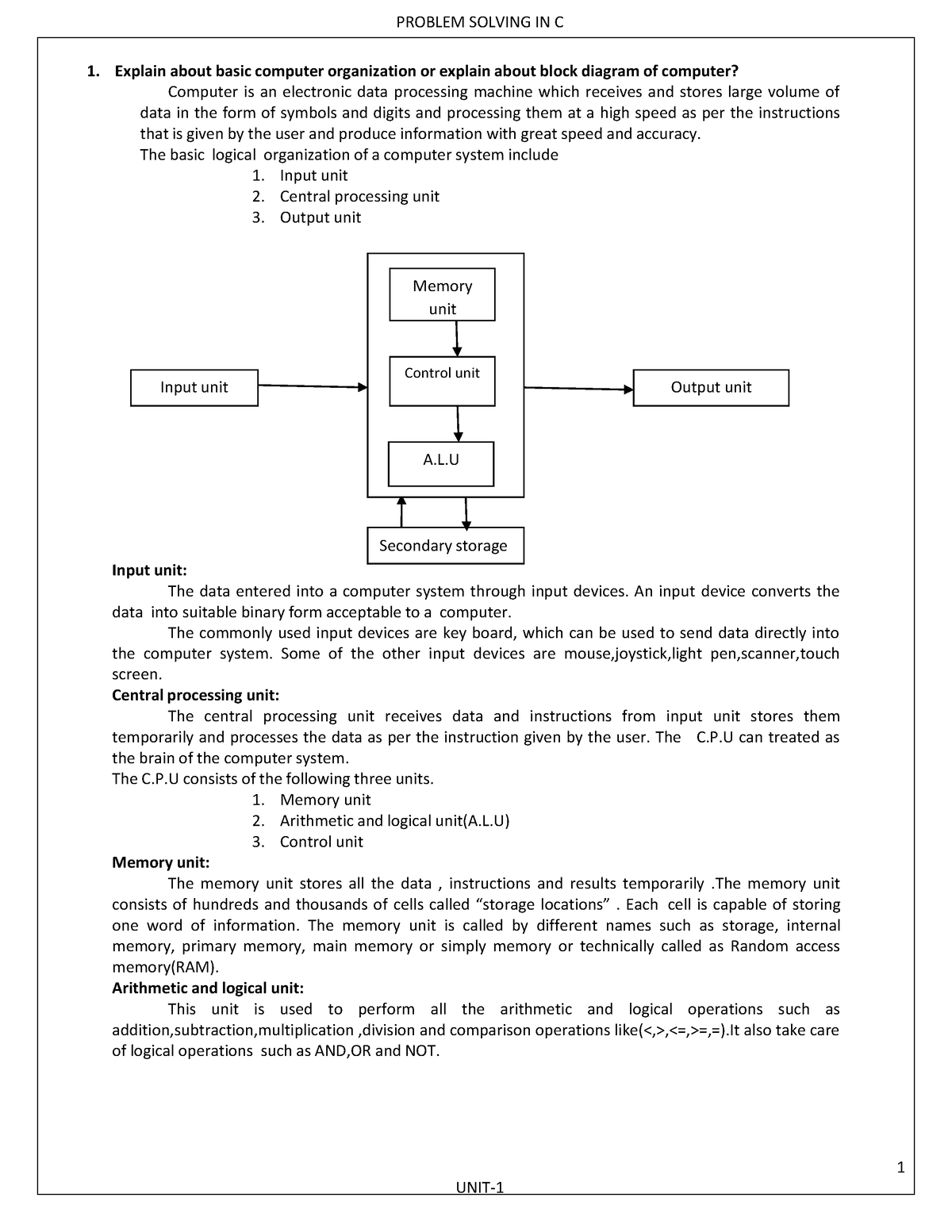 C EDIT - 1 UNIT- CPU Explain about basic computer organization or ...