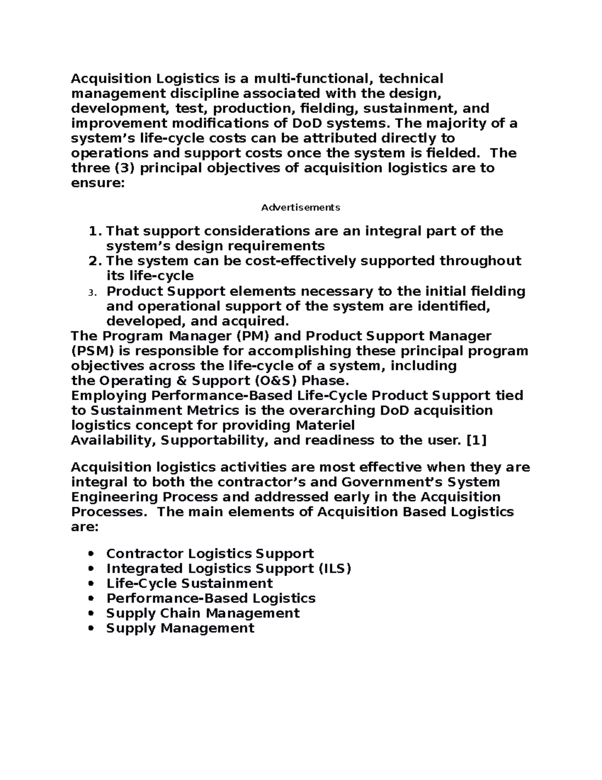 Contract Support Services - Acquisition Logistics is a multi-functional,  technical management - StuDocu